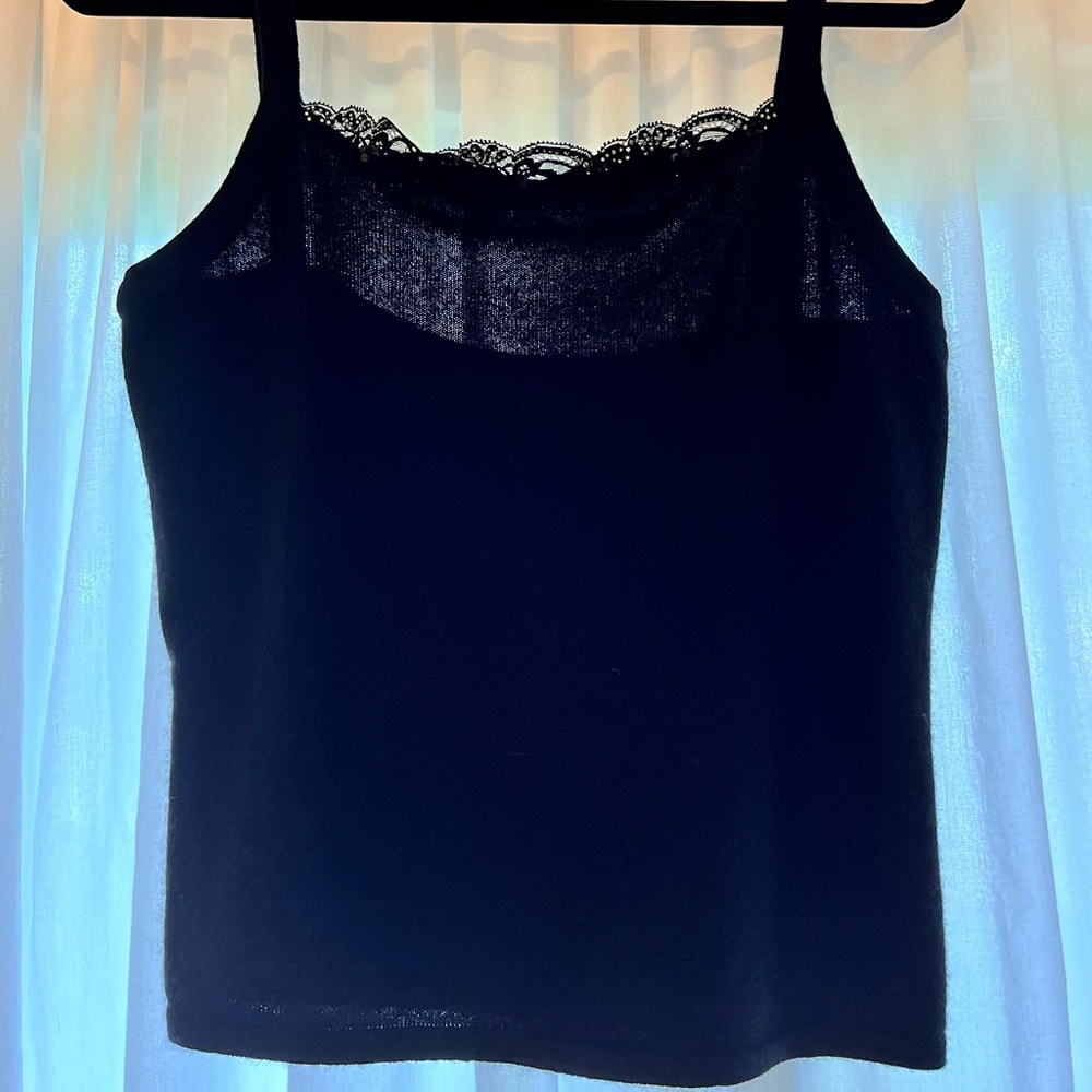 Dana Bachman 100% cashmere black knit tank top with sparkle/lace detail.